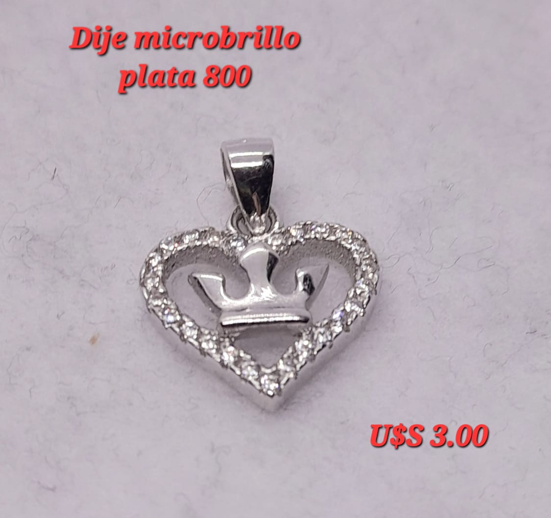 Dije corazon corona microbrillo plata 800.