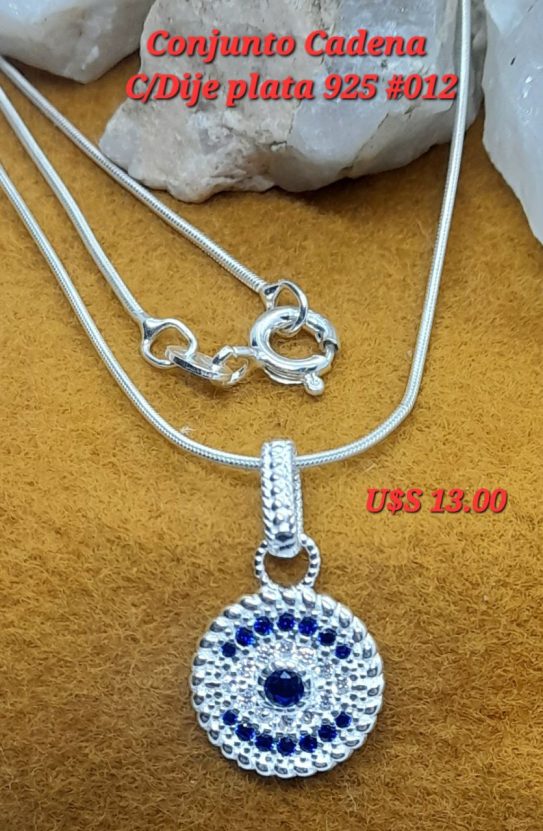 Conjunto Cadena C/Dije ojo Turco #012. Plata 925. Cadena 45 o 50 cm. Dije 1,2 mm diametro. Valor según cotización dólar blue.